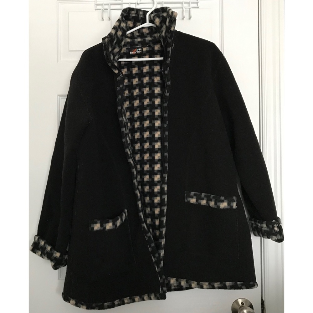 KAKTUS Houndstooth Checkered Teddy Fleece Jacket S/M Fit Black Pockets